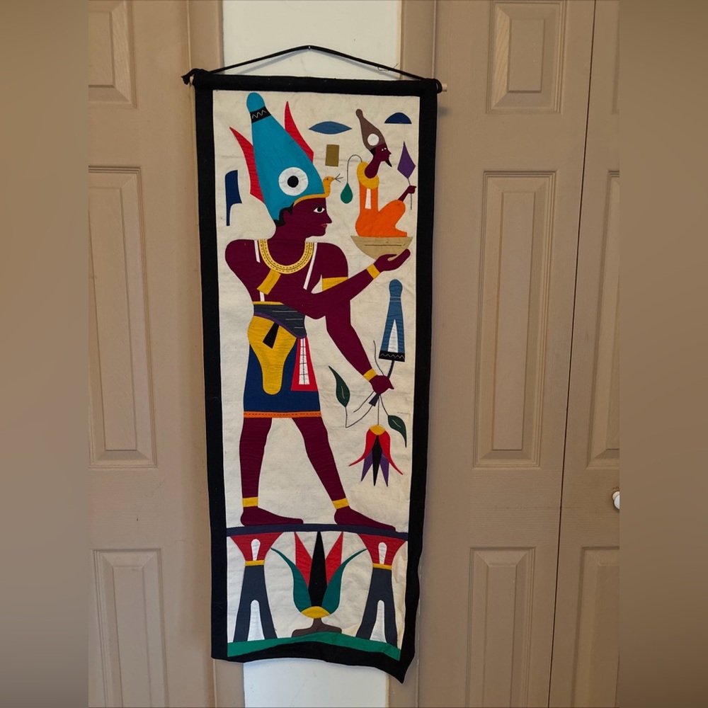Vintage Egyptian Pharaoh Khayamiya Hand Stitch Applique Wall Hanging 17 X 44 in